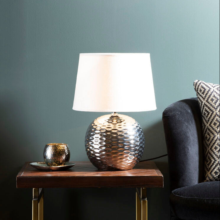 Amiya Ceramic Table Lamp – Silver & Beige Fabric Shade