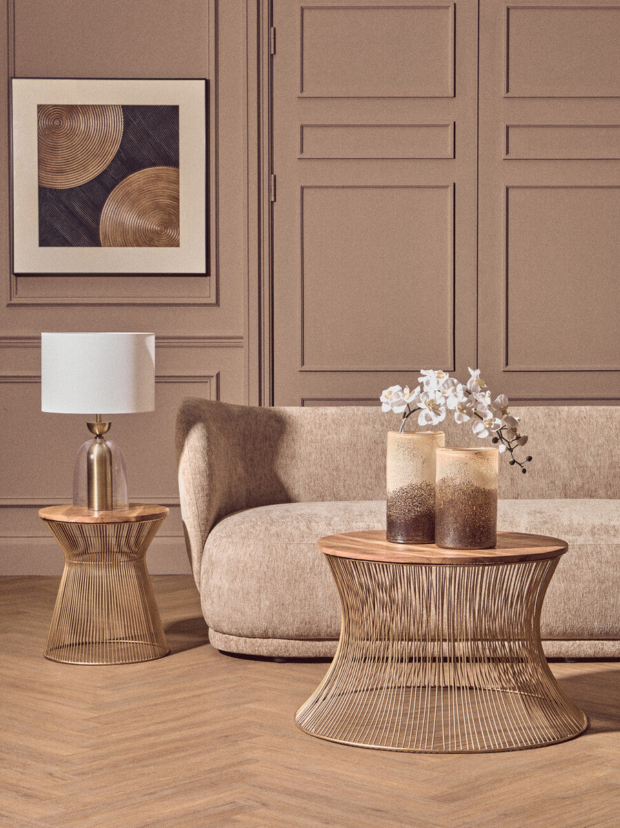 Clear Glass & Brass Finish Table Lamp with Fabric Shade – Sellis