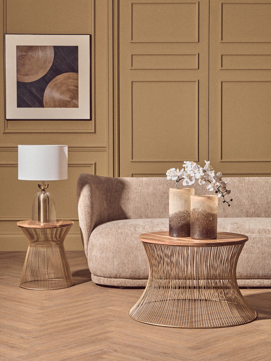 Clear Glass & Brass Finish Table Lamp with Fabric Shade – Sellis