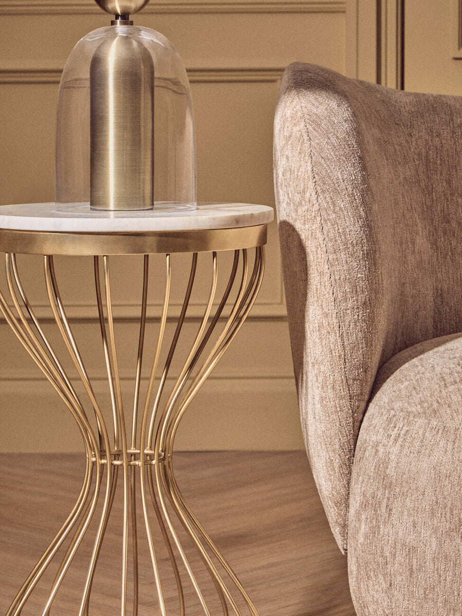 Clear Glass & Brass Finish Table Lamp with Fabric Shade – Sellis