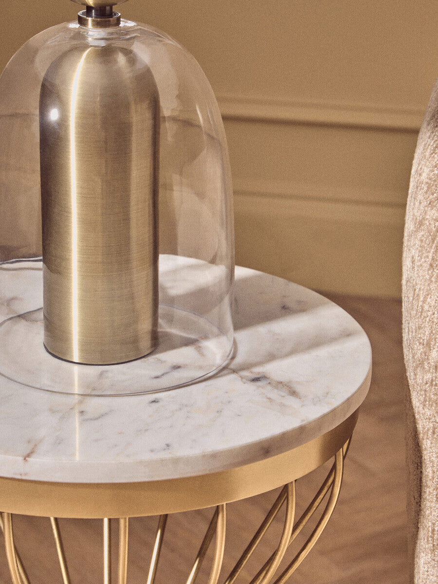 Clear Glass & Brass Finish Table Lamp with Fabric Shade – Sellis