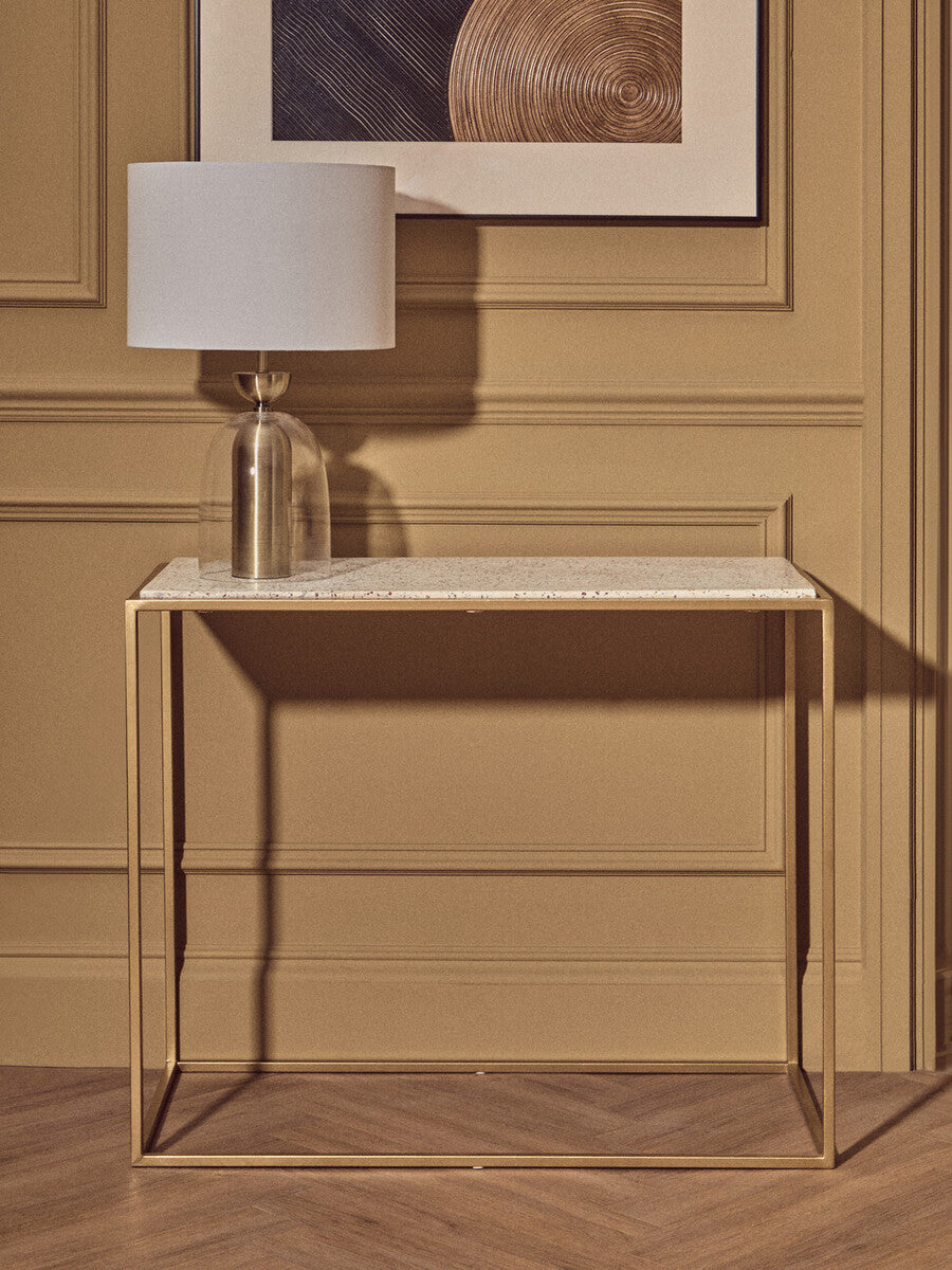 Clear Glass & Brass Finish Table Lamp with Fabric Shade – Sellis