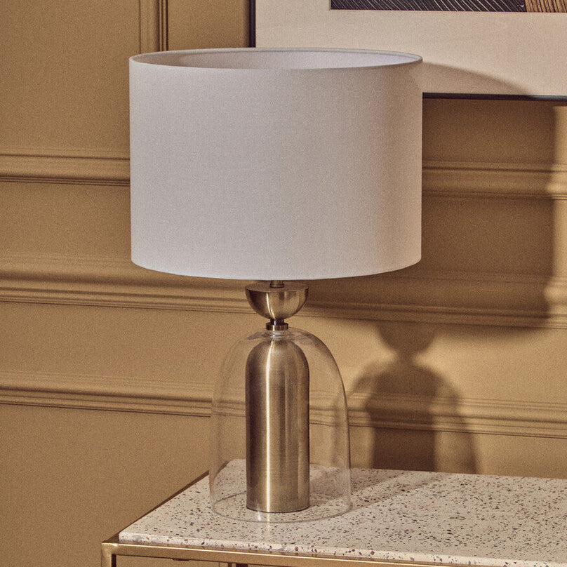 Clear Glass & Brass Finish Table Lamp with Fabric Shade – Sellis