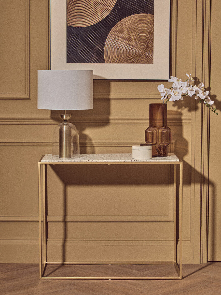 Clear Glass & Brass Finish Table Lamp with Fabric Shade – Sellis