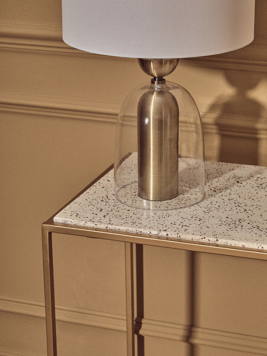 Clear Glass & Brass Finish Table Lamp with Fabric Shade – Sellis