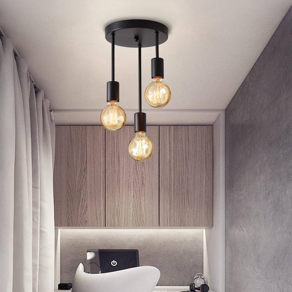 Lightsjoy 3-Way Black Ceiling Spotlight – Rustic E27 Pendant Light for Indoor