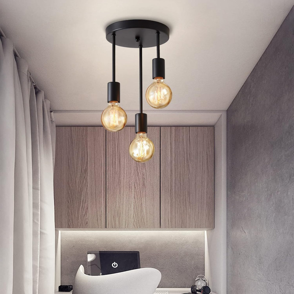 Lightsjoy 3-Way Black Ceiling Spotlight – Rustic E27 Pendant Light for Indoor