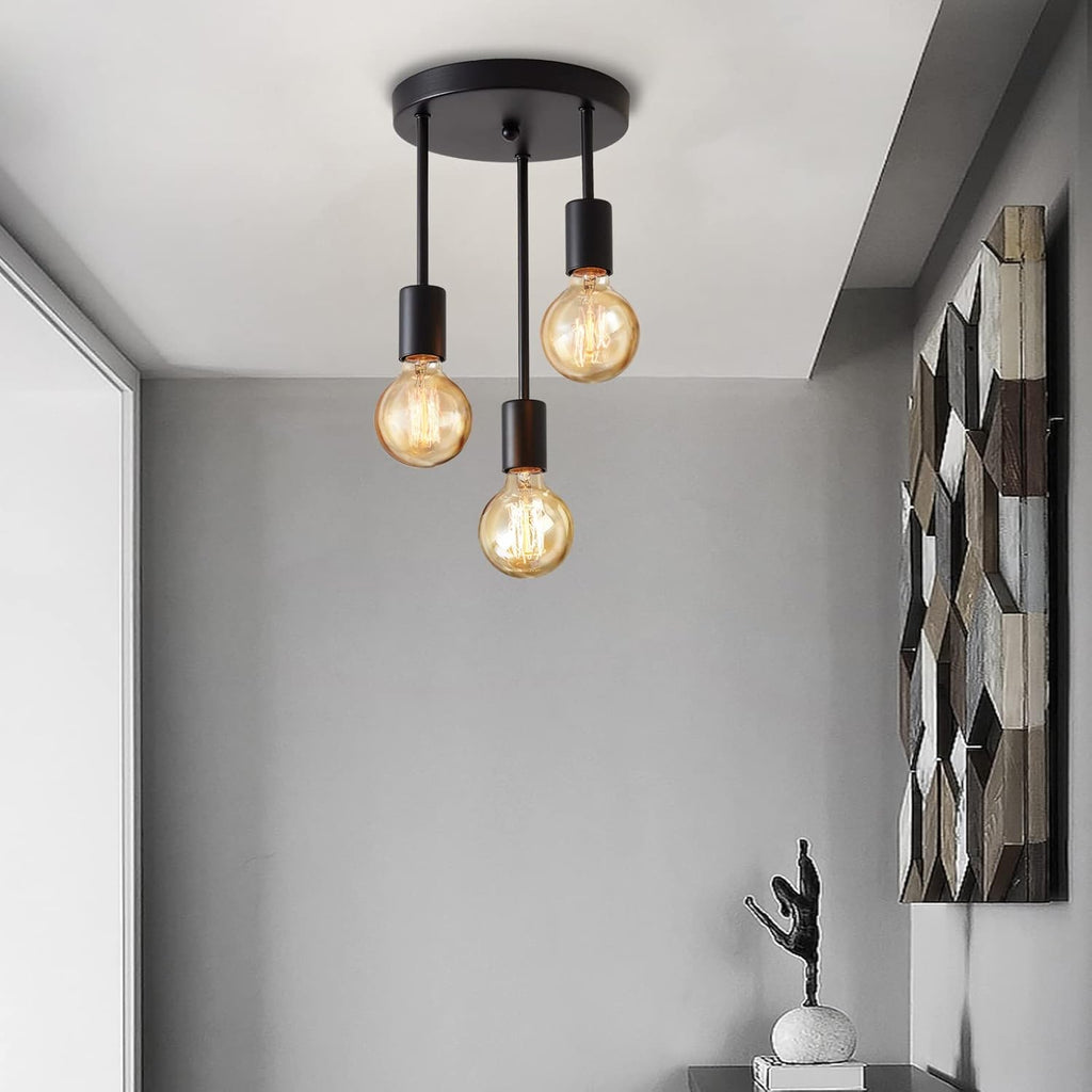 Lightsjoy 3-Way Black Ceiling Spotlight – Rustic E27 Pendant Light for Indoor