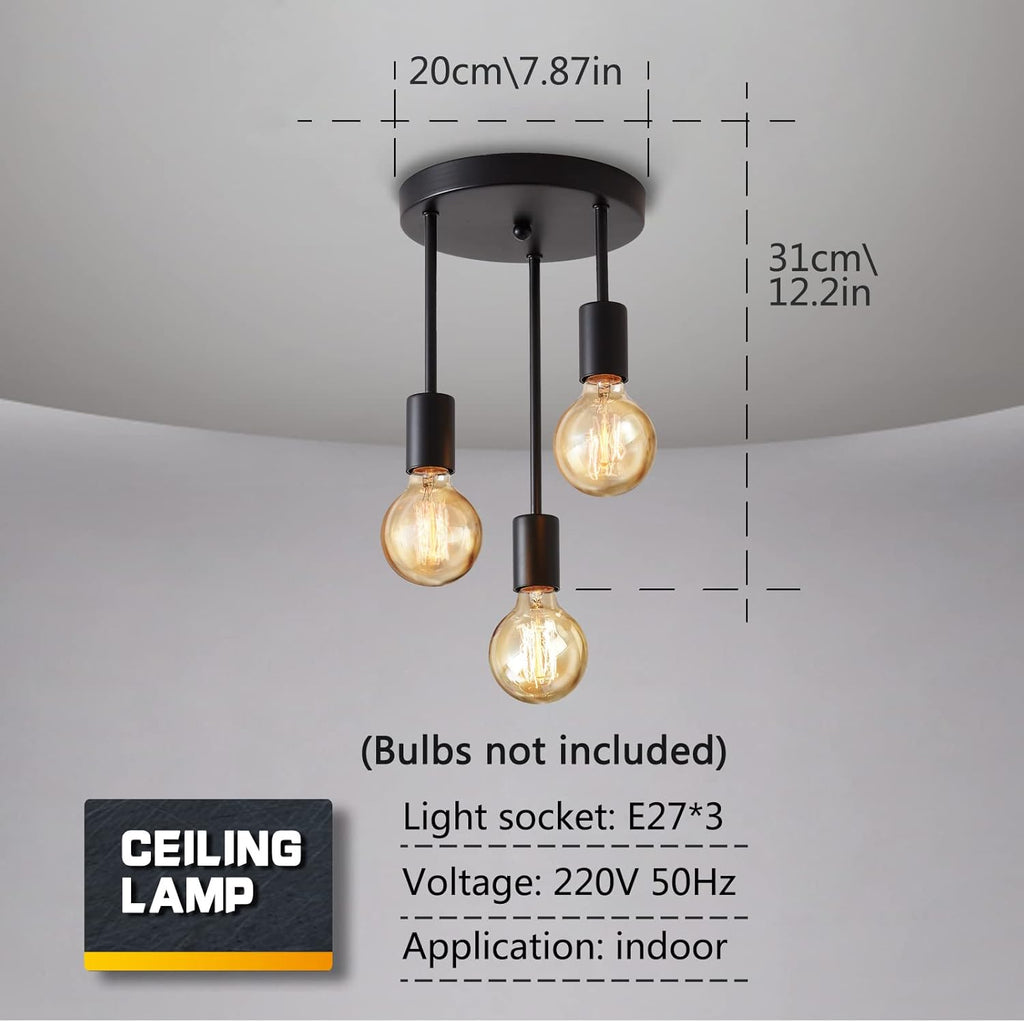 Lightsjoy 3-Way Black Ceiling Spotlight – Rustic E27 Pendant Light for Indoor