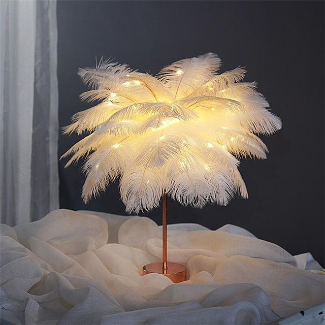 Feather LED Table Lamp – Decorative Bedside Night Light | Remote Control