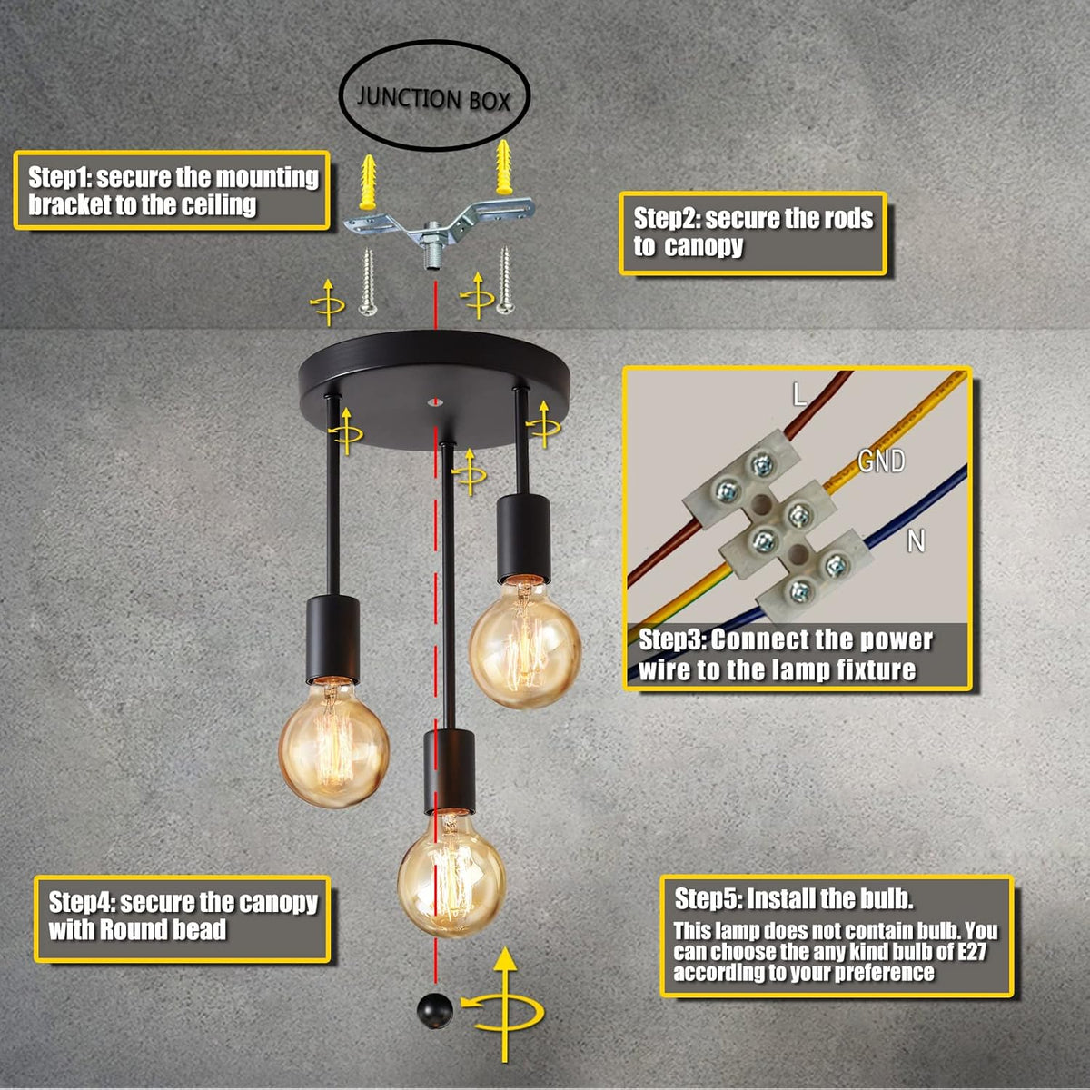 Lightsjoy 3-Way Black Ceiling Spotlight – Rustic E27 Pendant Light for Indoor