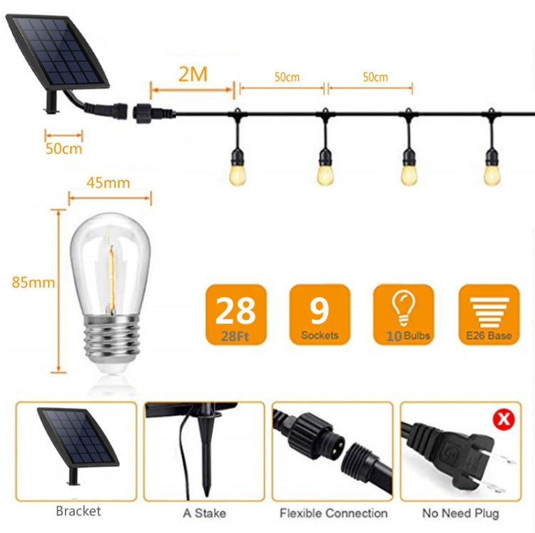 Solar Garden String Lights – 10 x S14 Edison Bulbs | IP65 Weatherproof | 7m