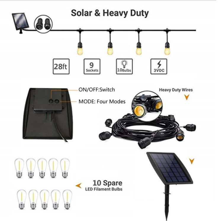 Solar Garden String Lights – 10 x S14 Edison Bulbs | IP65 Weatherproof | 7m