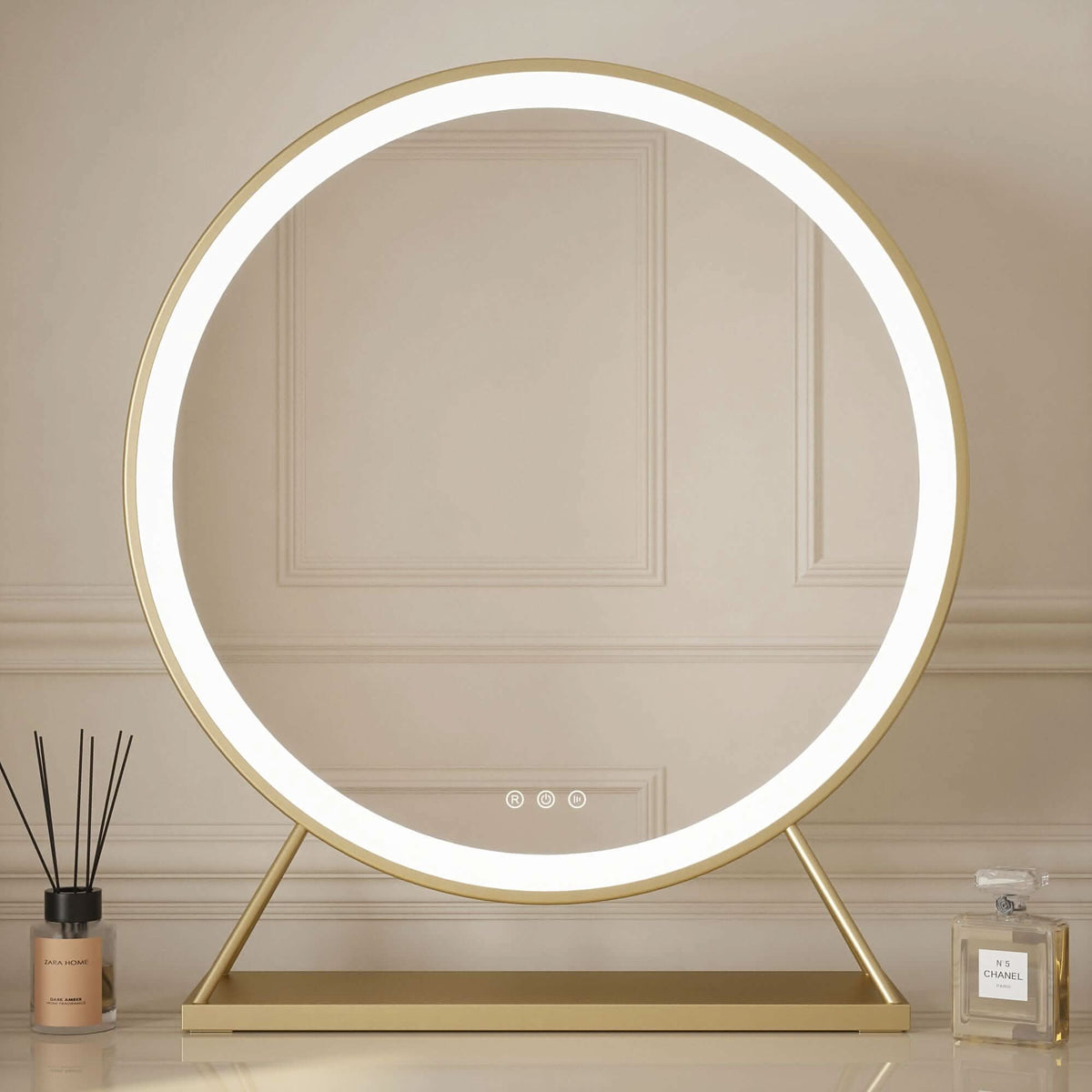 Anne Round Hollywood Mirror with LED Lights – Gold | 60cm Diameter