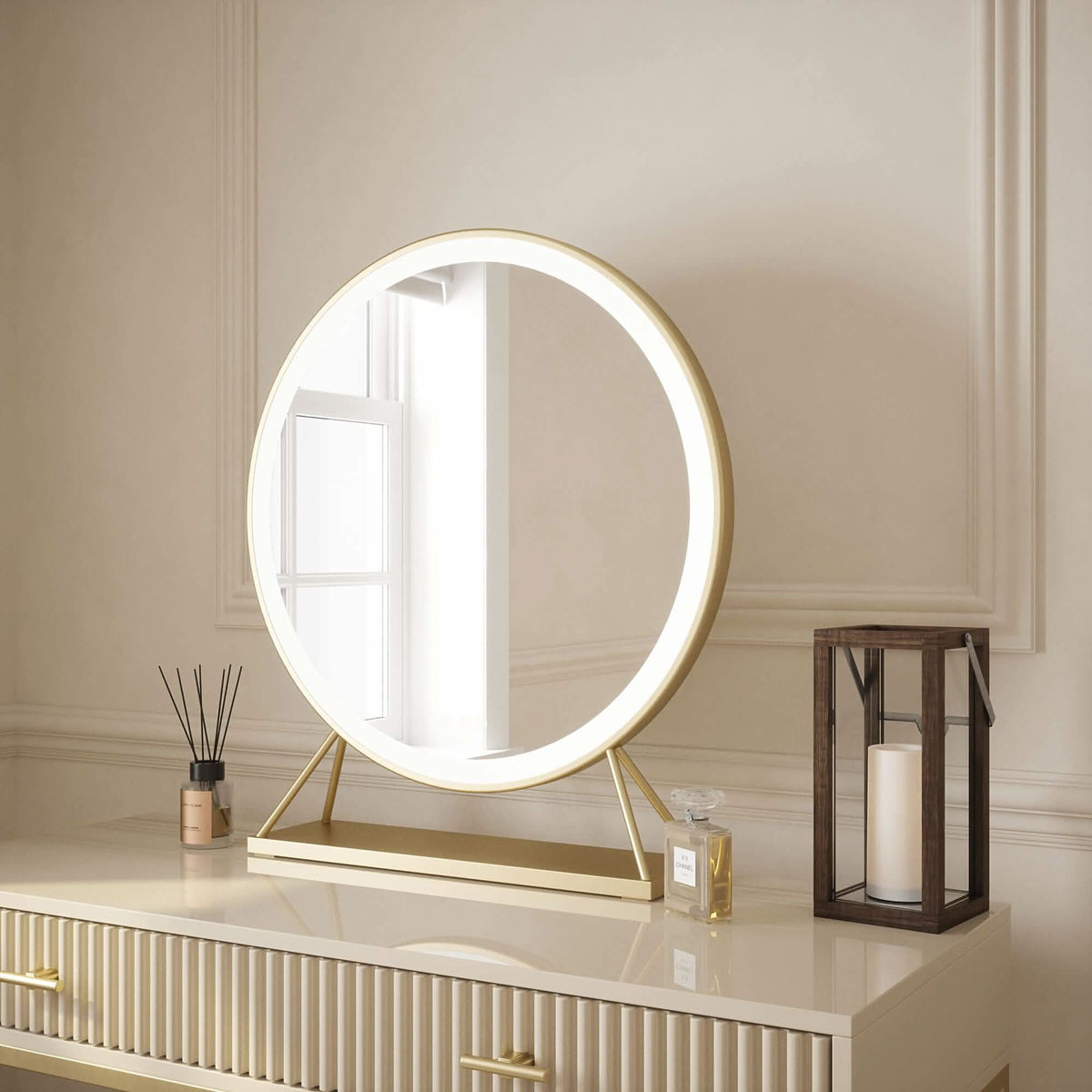 Anne Round Hollywood Mirror with LED Lights – Gold | 60cm Diameter